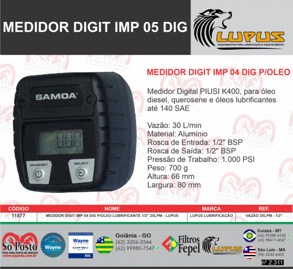 MEDIDOR DIGIT IMP 05 DIG P/OLEO LUBRIFICANTE 1/2" 25LPM  2127 - VAZÃO 25LPM - 1/2"