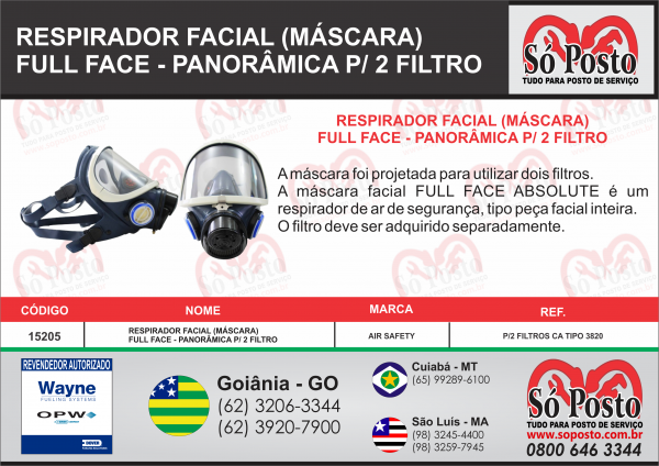 RESPIRADOR FACIAL (MASCARA) FULL FACE - PANORAMICA P/ 2 FILTRO AIR SAFETY FULL FACE ABSOLUTE CA-16774 S/OS FILTROS