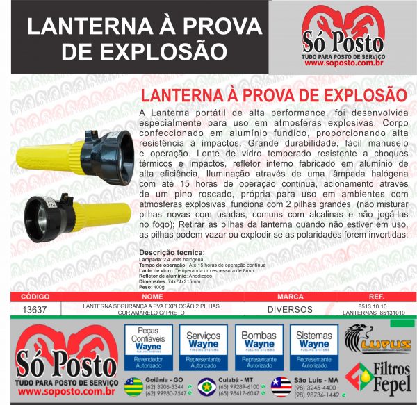 LANTERNA SEGURANÇA A PVA EXPLOSÃO 2 PILHAS COR AMARELO C/ PRETO