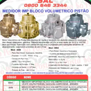 MEDIDOR LINHA IMPORTADO BLOCO VOLUMETRICO(SÓ BLOCO) 4 PISTOES VZ ATÉ 100LPM P/DIESEL GASOLINA QUEROSENE - BREMEN