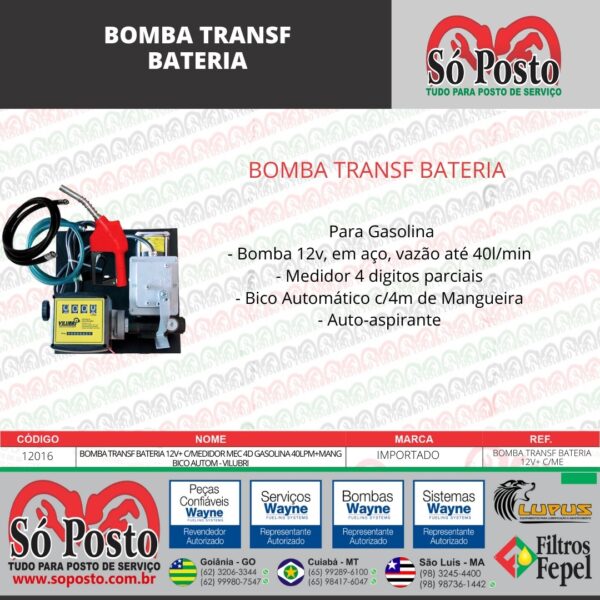 BOMBA TRANSF BATERIA 12V+ C/MEDIDOR MEC 4D GASOLINA 40LPM+MANG BICO  AUTOM - VILUBRI - Imagem 2