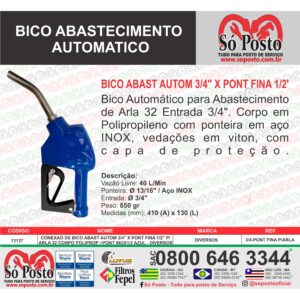BICO ABAST AUTOM 3/4" X PONT FINA 1/2'' P/ ARLA 32 CORPO POLIPROP +PONT INOX1/2 AZUL - DIVERSOS